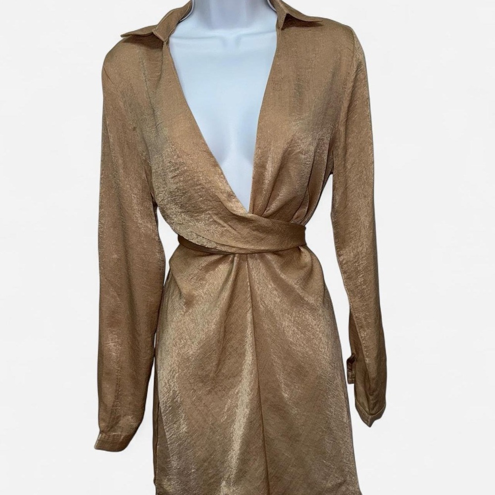 PrettyLittleThing Metallic Gold Long Sleeve Wrap Dress Size 6